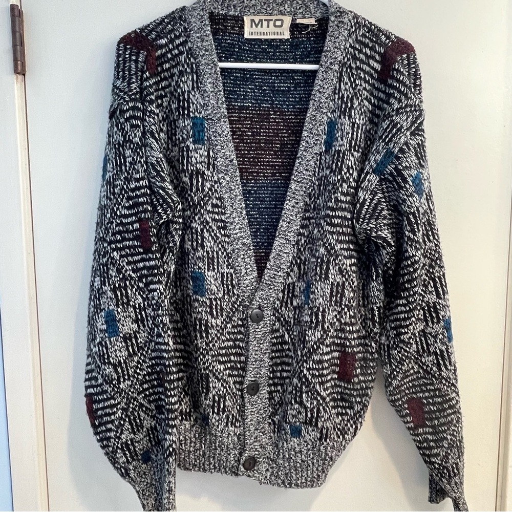 Vintage 80s MTO International Mens Geometric Cardigan Sweater Med Knit
